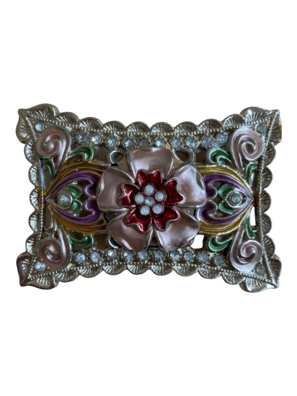 Feminine floral belt buckle western coastal cowgirl crystal incrusted pink silve